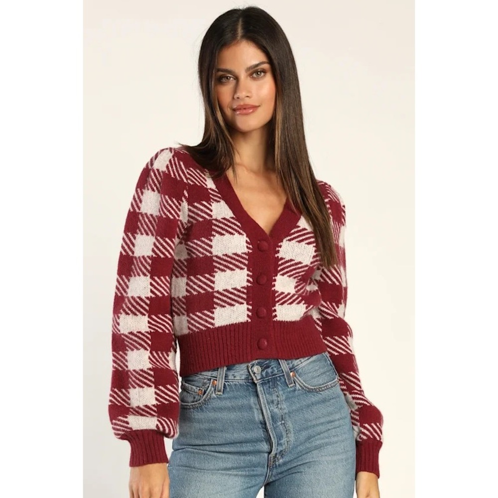 LULUS Womens Cardigan Sweater Cutest in Class Burgundy Checkered Academia - Sz L